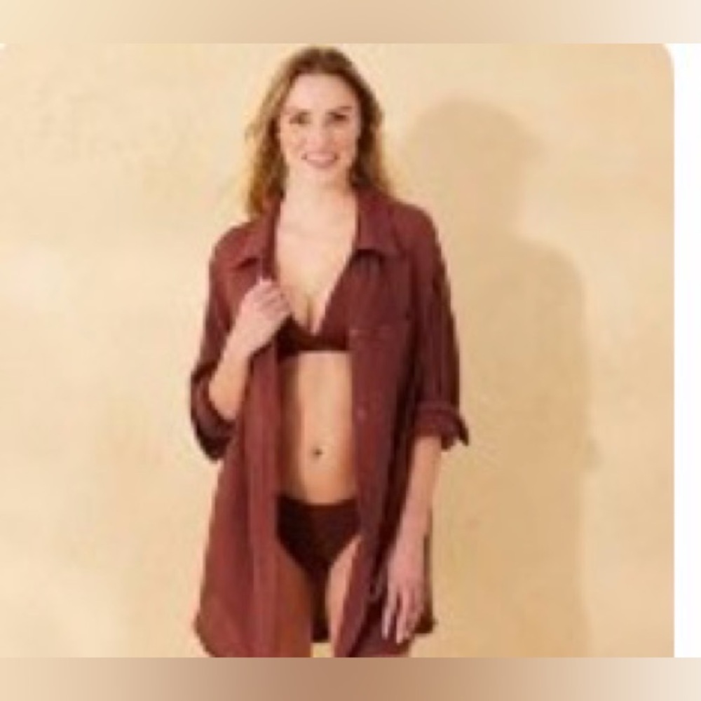 Shade & Shore Chocolate Gauze Button Down Cover Up Shirt Dress